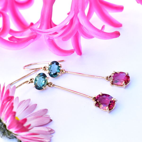 Tiber Boucles d'oreilles en or jaune, tourmalines roses et vertes