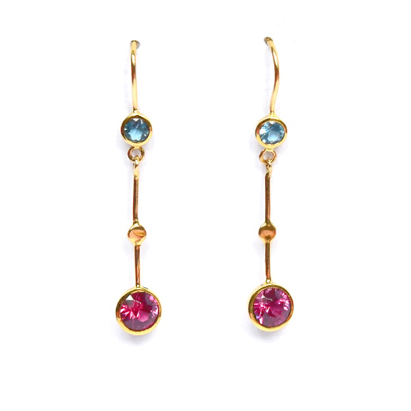 Tiber Boucles d'oreilles en or jaune, rhodolites, aigue-marines